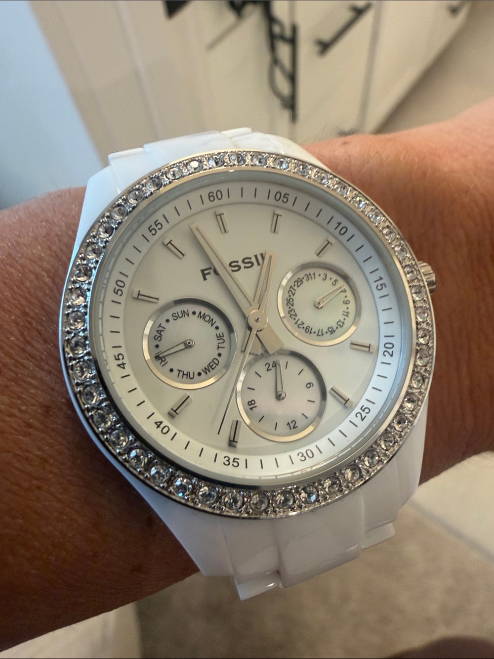 Fossil White Silicone Watch with Crystal Bezel and Gold Accents